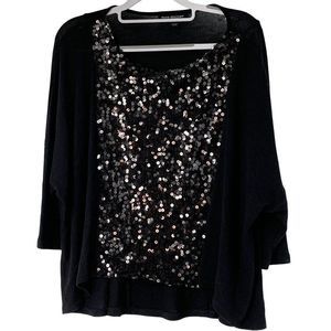 Womens Green Envelope  Black Sequin Sweater Top L Bling Dolman 3/4 Sleeve 5067